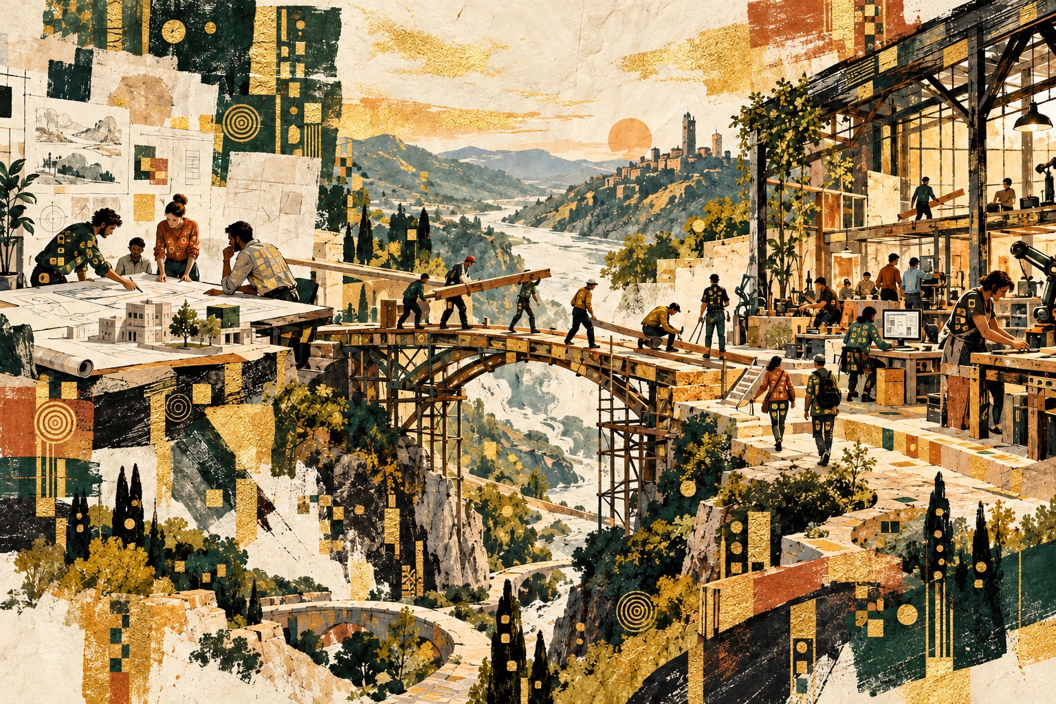 Original editorial painting of people building a bridge between a planning table and a working environment.