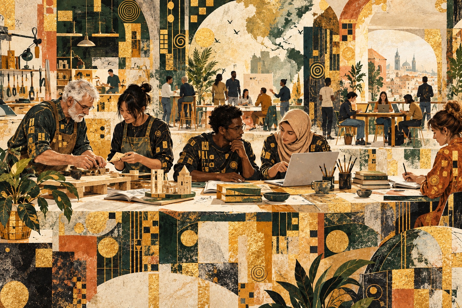 Original editorial painting of people sharing knowledge and practising together around a workbench.