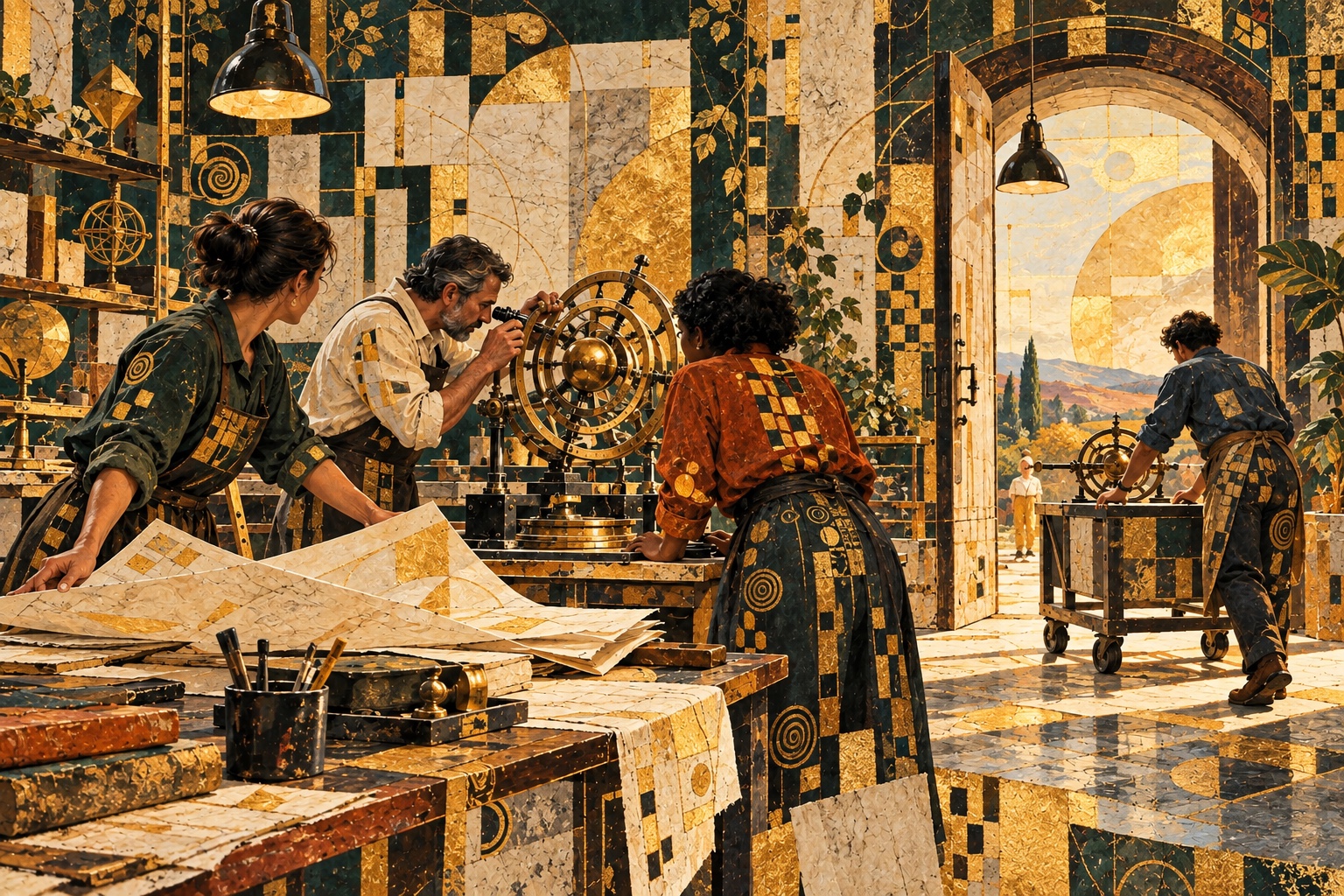 Original editorial painting of colleagues inspecting a mechanism together before preparing the next work area.