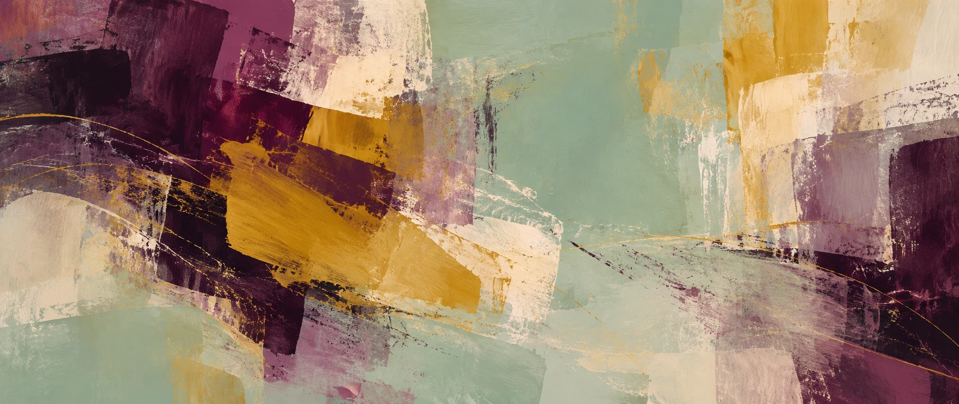 Uneven plum, chalk and mustard paint blocks overlap a quieter celadon field, leaving an unresolved open interval.