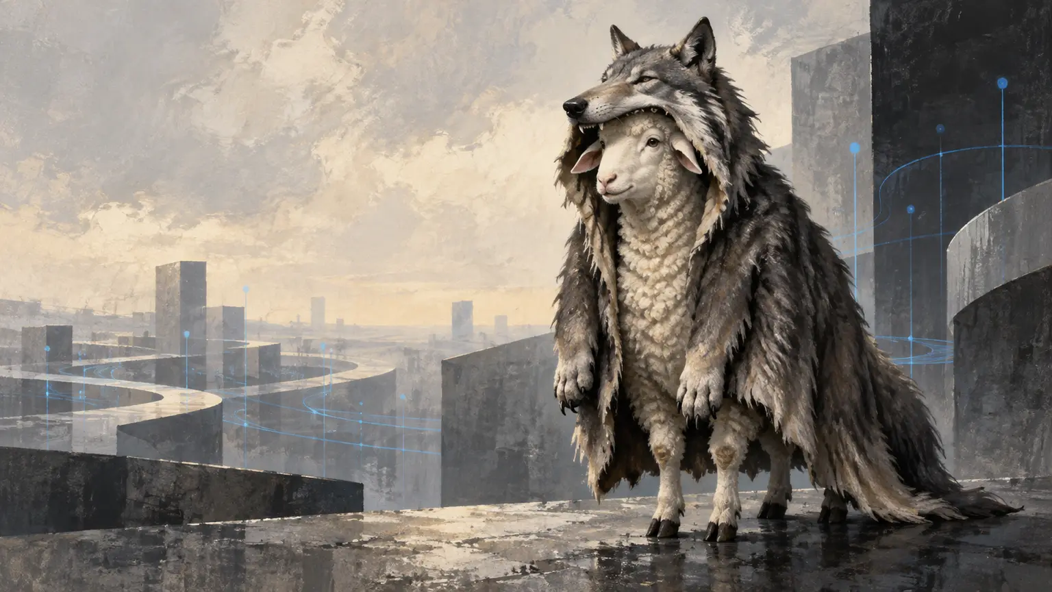 A sheep wearing a dramatic wolf pelt in a landscape of organisational pathways and blue data lines