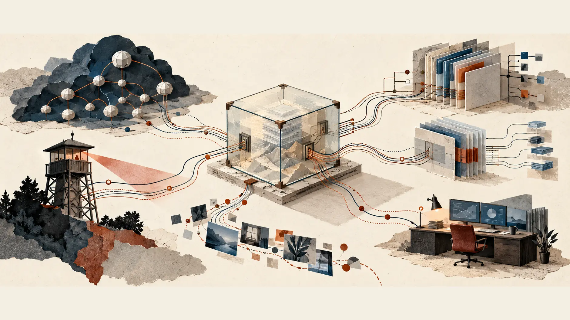Generated editorial illustration of a transparent containment cube connected by many hidden pathways to a DNS-like network, document stores, monitoring tower, operations desk and drifting image fragments