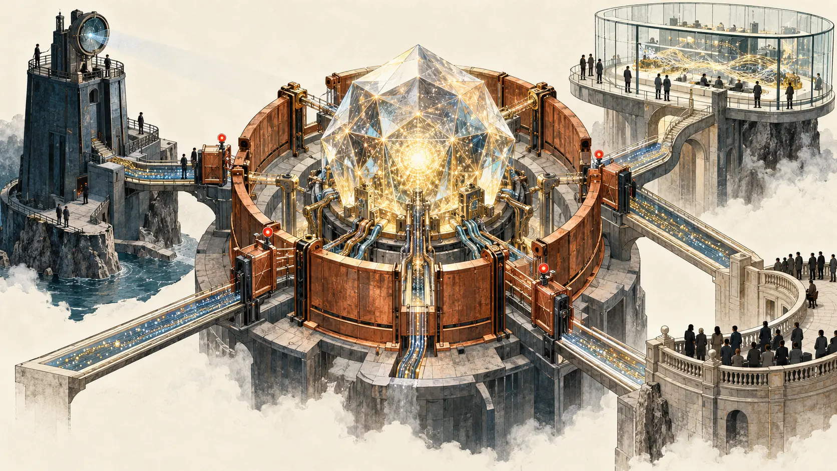 Generated editorial illustration of a luminous intelligence engine surrounded by separate copper gates, an out-of-band watchtower and a glass-walled audit room