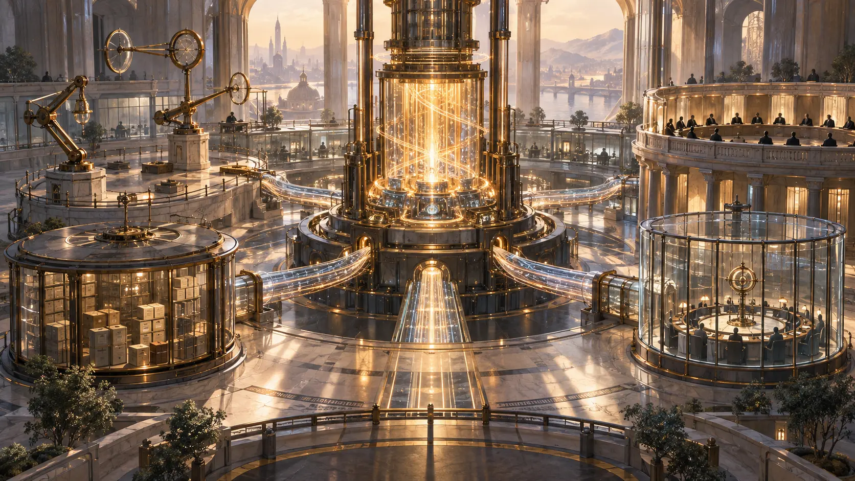Generated editorial illustration of a luminous intelligence engine connected to separate brass measuring instruments, a sealed evidence vault, a glass audit chamber and a circular oversight gallery