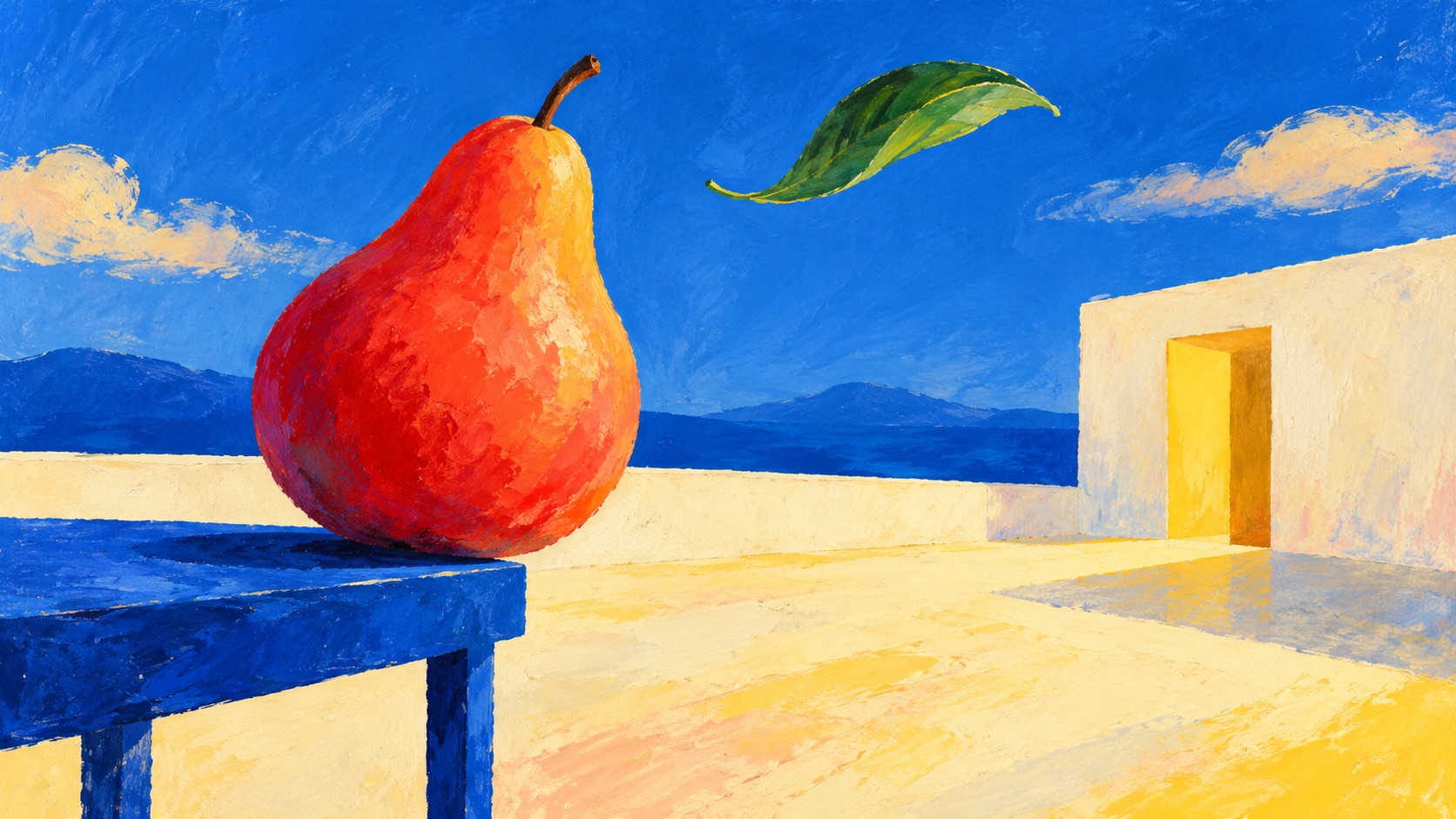 A coral-red pear on a blue table, a floating green leaf and a yellow doorway in a sunlit abstract landscape.