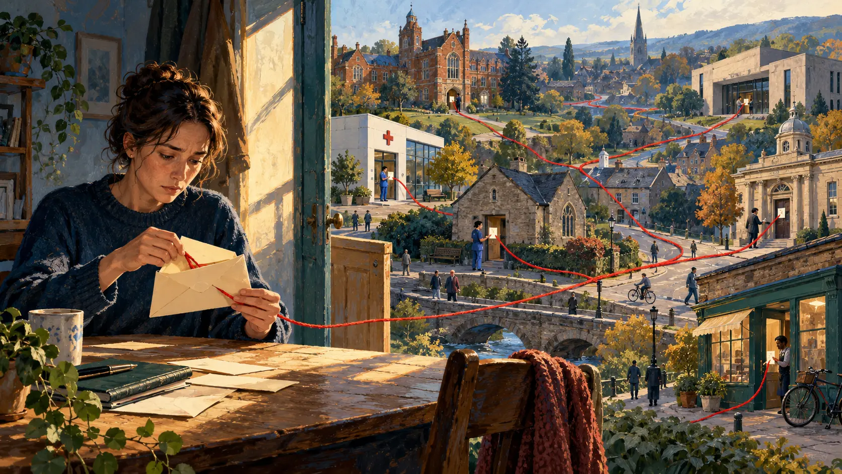 Painterly editorial illustration of a woman opening a cream notice at a wooden table while a red thread branches from the envelope across a town to a clinic, university, public office, archive and small business