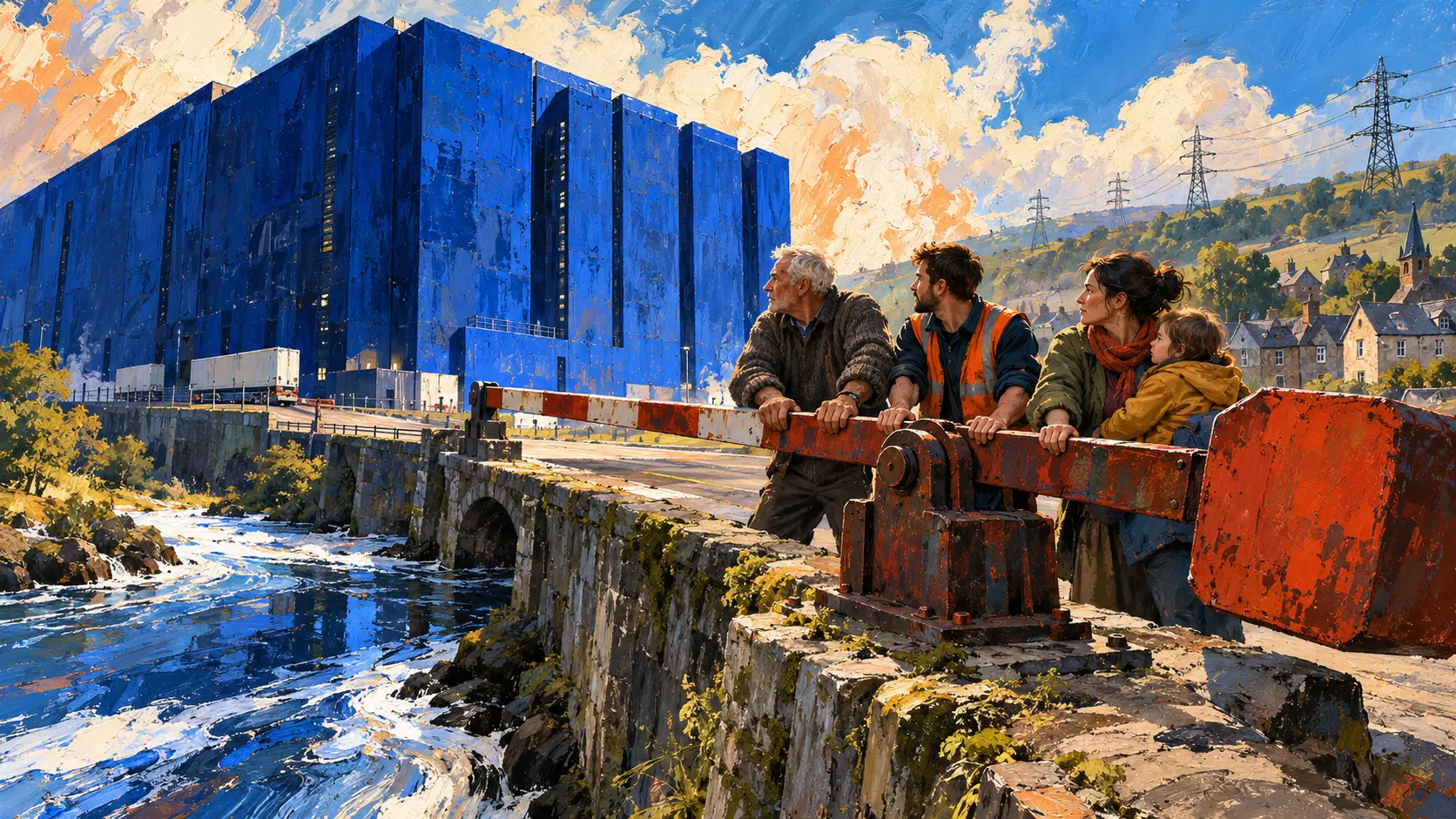 Bold painterly illustration of residents controlling a heavy orange barrier on a bridge as a vast blue data-centre block presses toward their town