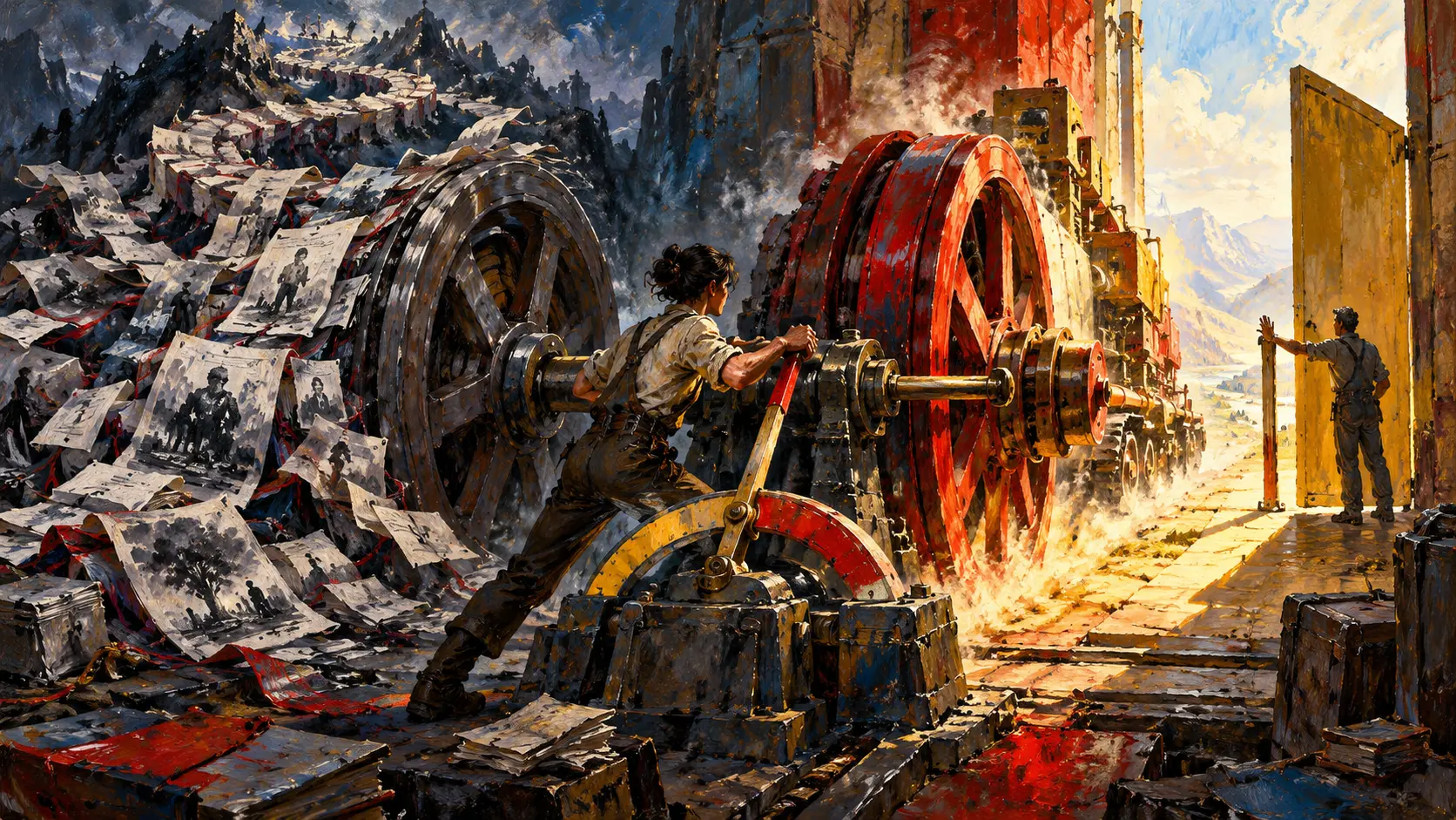 Bold painterly scene of an operator dividing power between a red forward wheel and a dark wheel winding through a mountain of records, while a second figure holds a gate