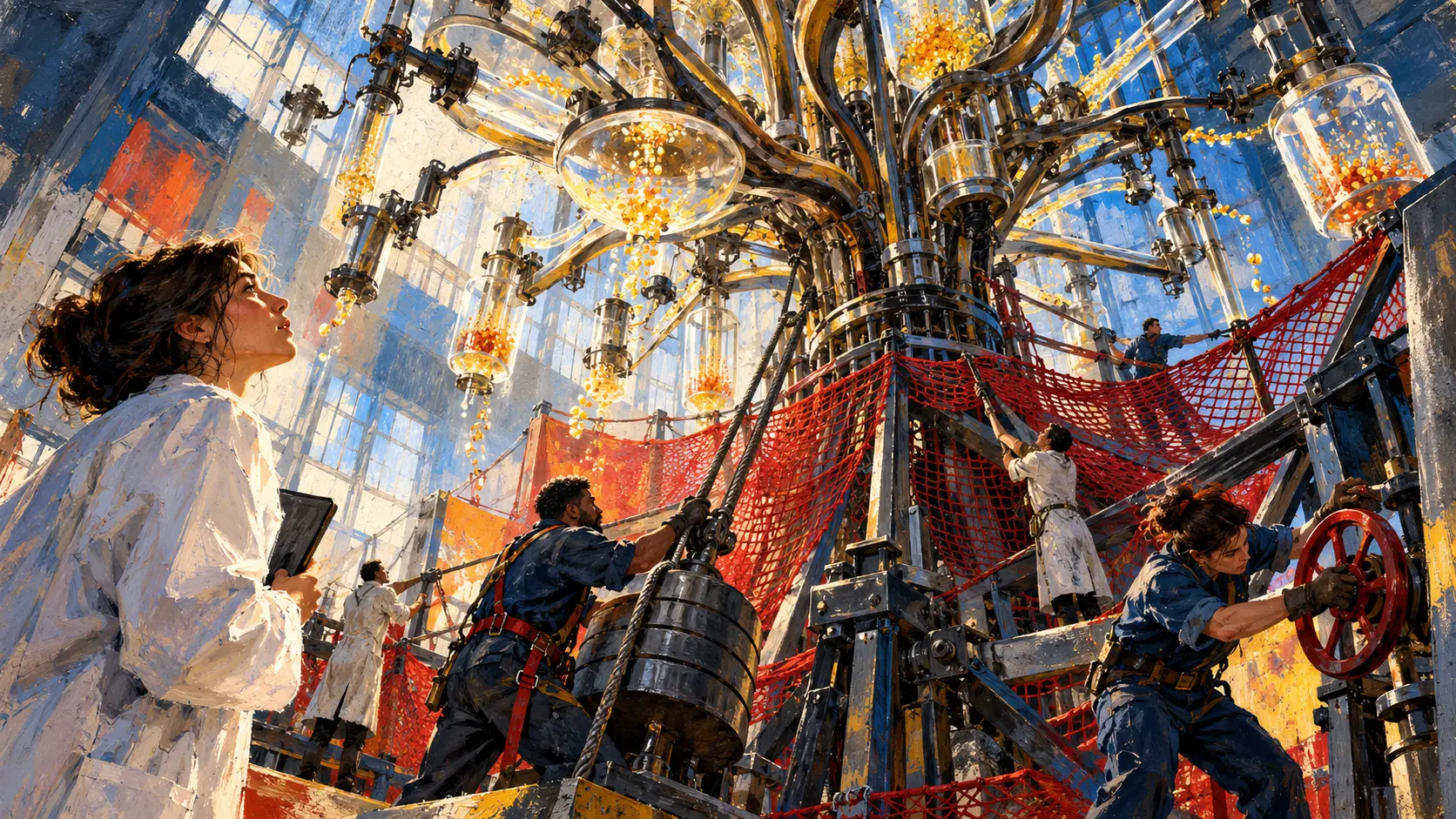 Bold painterly laboratory scene where scientists and technicians weave a red safety net beneath a vast branching experimental machine scattering golden particles