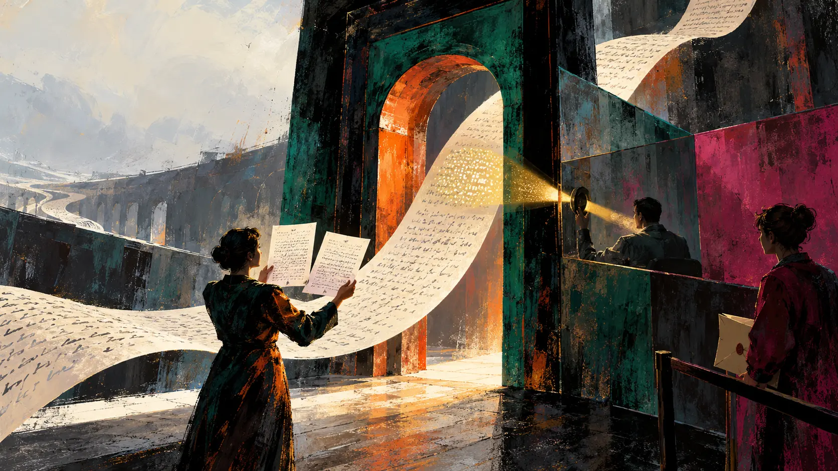 Bold painterly scene of an editor comparing two sheets as a long paper ribbon passes through an inspection arch and a distant operator reveals a hidden dotted pattern with a narrow beam of light