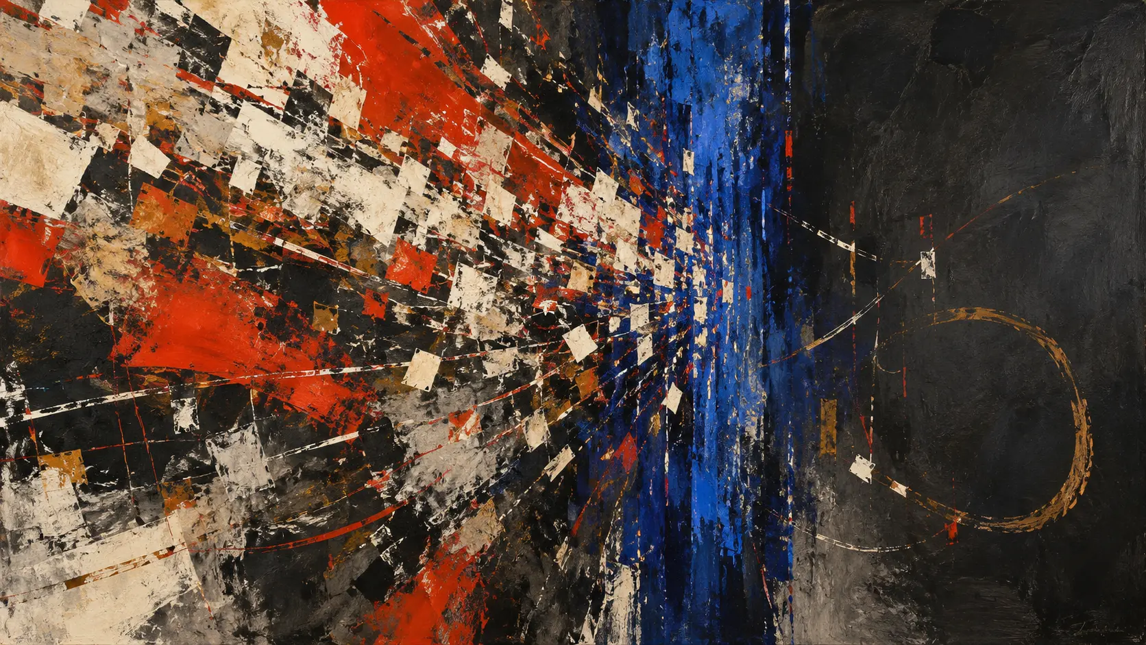 Abstract gestural painting in which dense bone-white and vermilion fragments surge into a compressed ultramarine field, leaving an unresolved ochre loop in dark open space