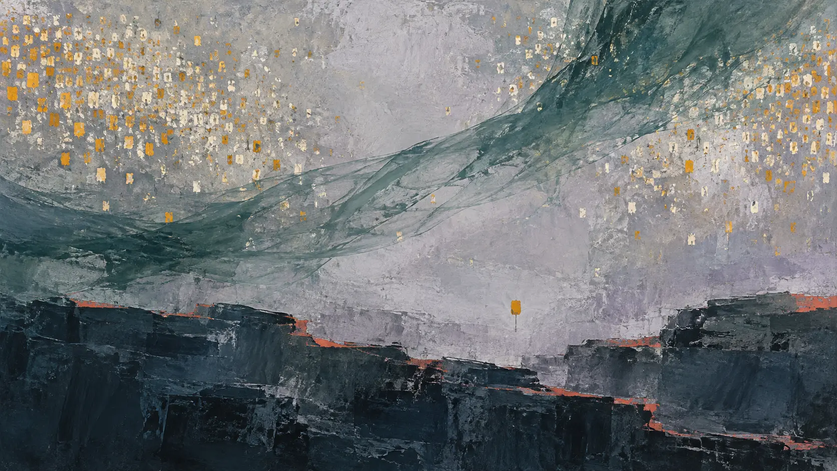 Abstract painting of small saffron and chalk marks spread across a pale lavender-grey field beneath a fraying petrol-green veil, with dark scraped shelves pressing upward from below
