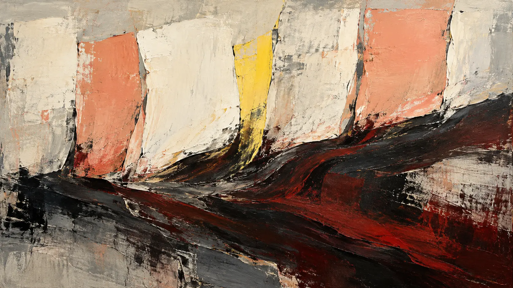 Abstract painting of separate bone-white and coral blocks standing above a shared black and oxblood current, interrupted by one sharp yellow plane