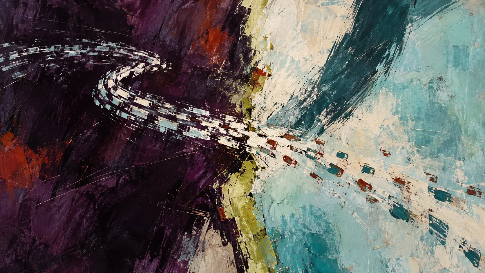 Abstract painting with a broken pale loop crossing from deep aubergine into turquoise through a ragged seam, leaving small rust and teal marks behind.
