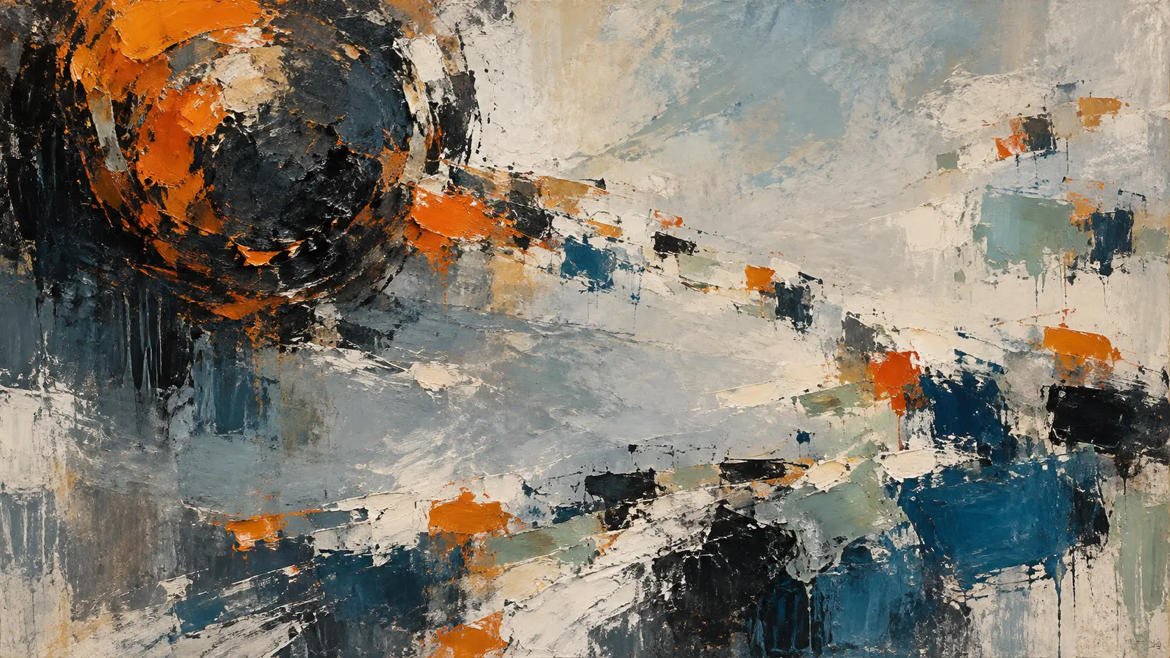 Abstract painting with a heavy charcoal-orange ring breaking into small blue, black and orange marks across a pale open field.