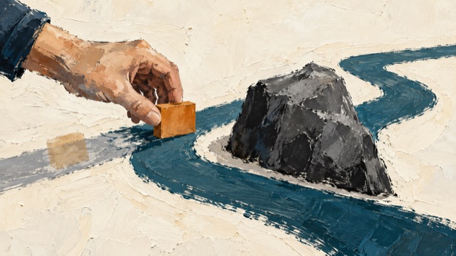 A hand carries an ochre tile along a blue path around a dark rock; a faded tile impression remains behind.