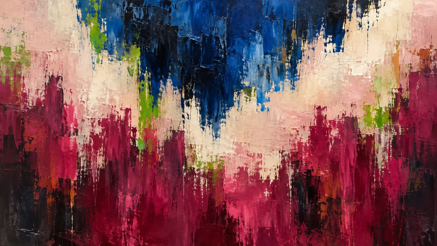 Abstract painting of a ragged cobalt mass descending towards rising magenta fields, interrupted by acid-green marks across a pale pink interval.
