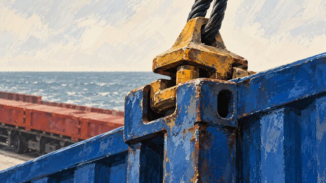 A blue freight-container corner is held by an ochre lifting fitting above a muted red rail flatbed and pale sea.