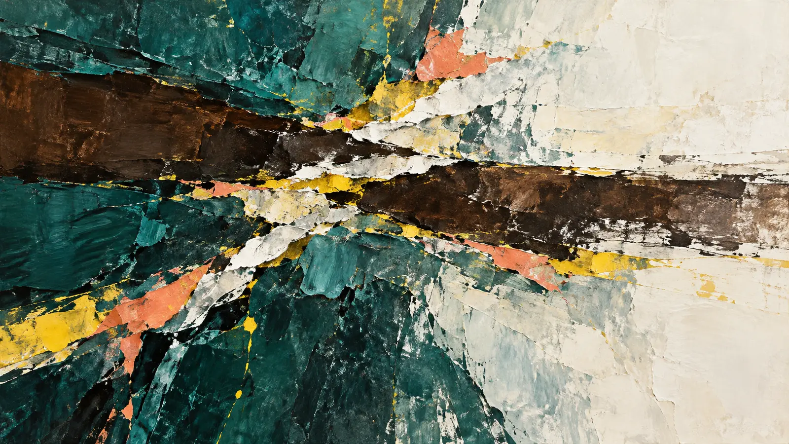 Abstract painting of oxidised-teal and dark umber fields splitting across chalk-white seams, with sulfur-yellow and coral marks embedded between the layers.