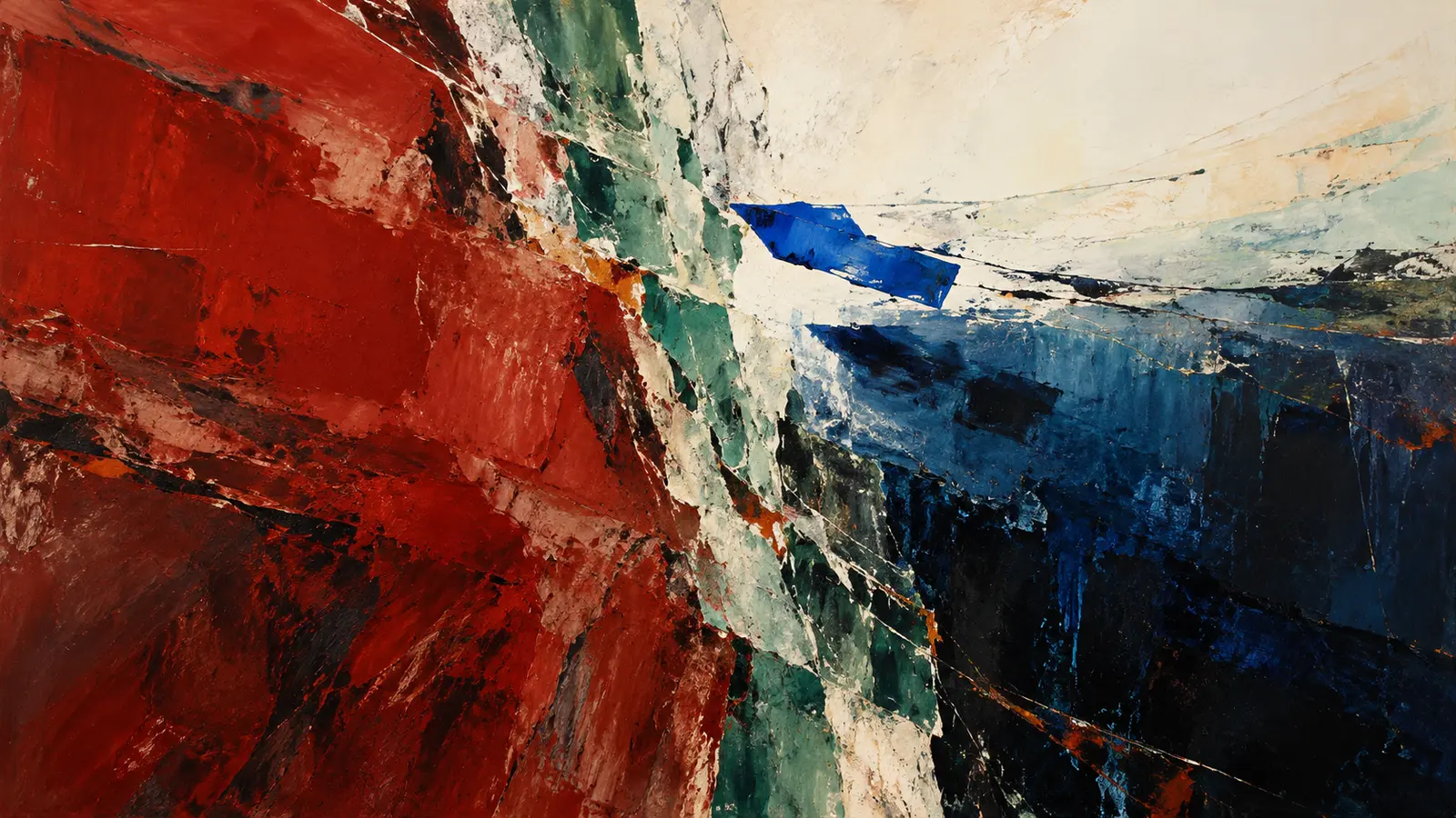 Abstract painting of mineral-red and indigo-black fields divided by scraped jade and bone strata, with a cobalt fragment suspended across the boundary.