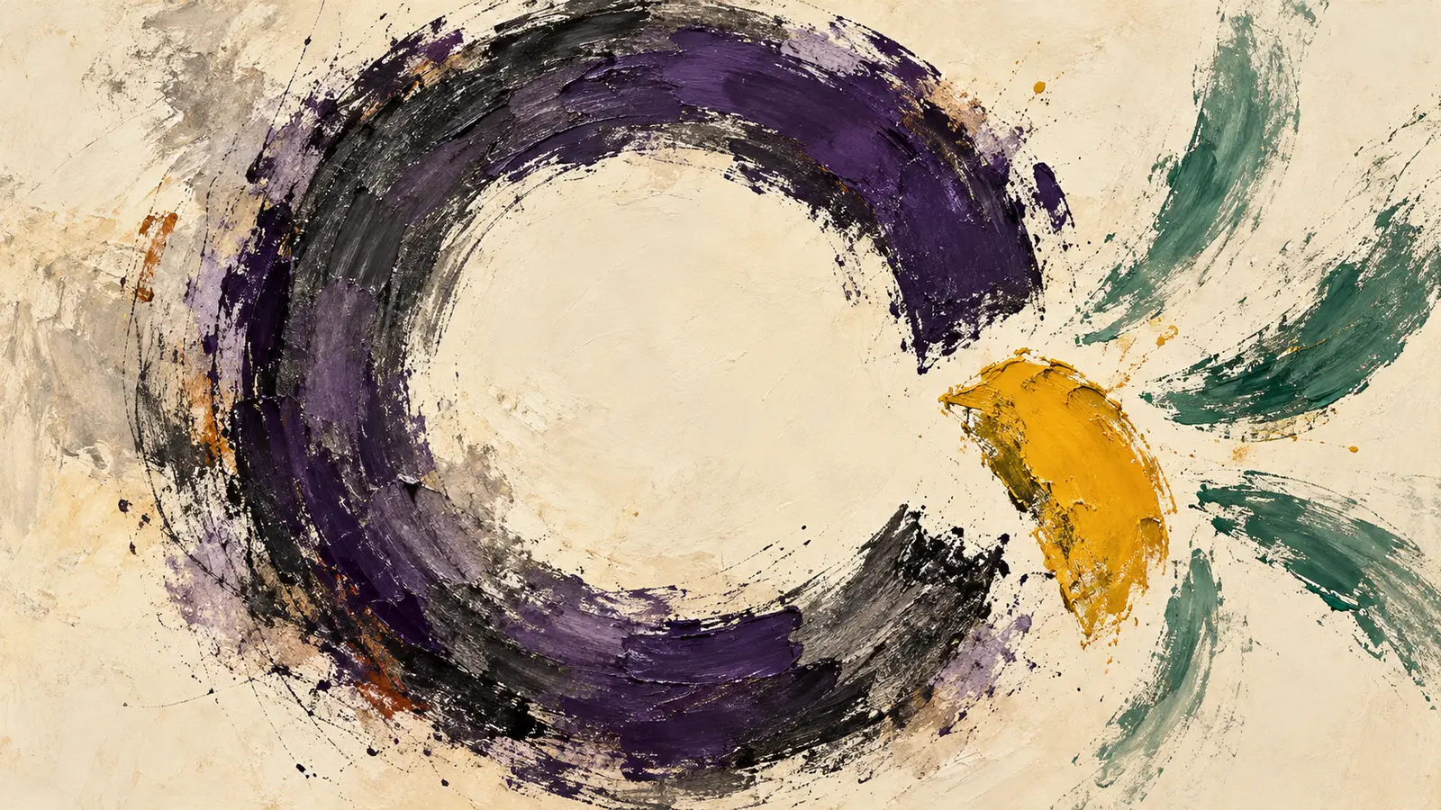 Abstract painting of an interrupted violet and graphite loop, with a mustard fragment beside the opening and loose jade strokes moving away.