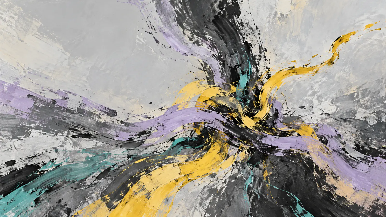 Abstract painting of charcoal, yellow, lavender and turquoise brush phrases colliding in an off-centre knot before one path escapes into open grey space.