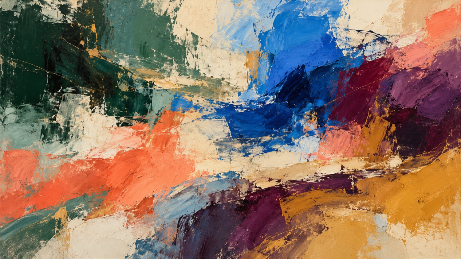 Original abstract LecXie painting of different coloured rhythms meeting in an open ivory field; no person is depicted.