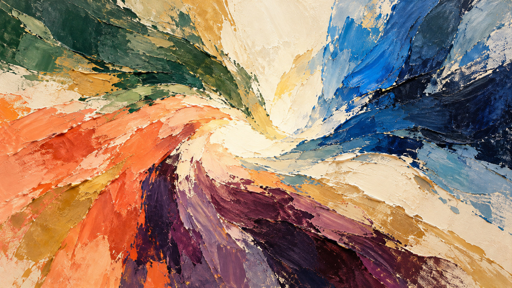 Abstract gestural painting of distinct coloured rhythms meeting around an open ivory centre.