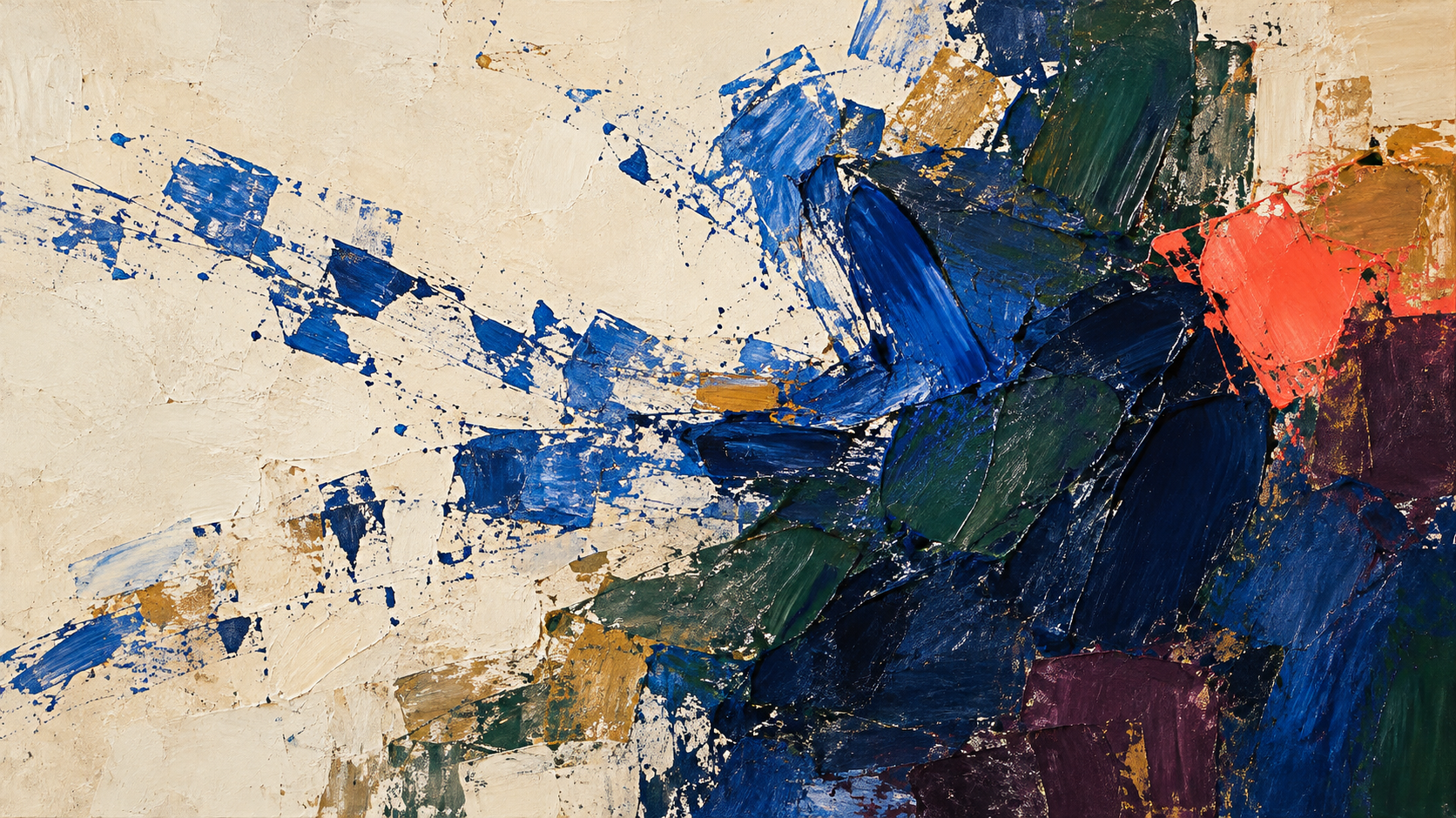 Separated blue paint marks gather into a grounded dark mass with a vivid coral accent.