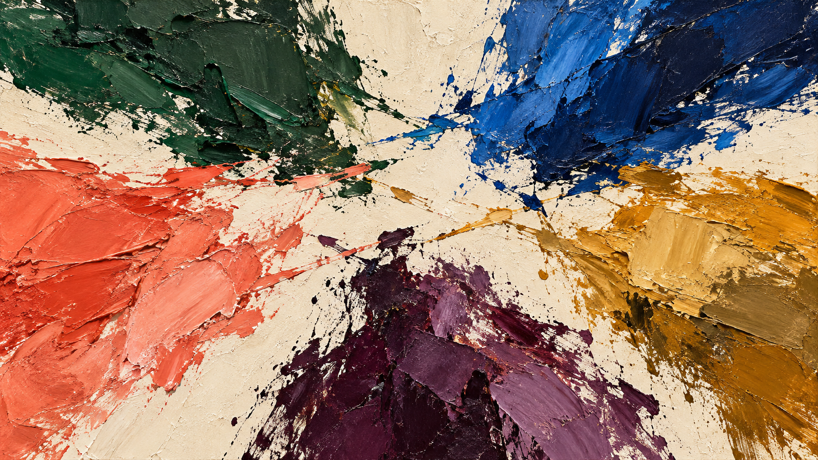 Five distinct coloured paint masses exchange traces across an irregular ivory interval.