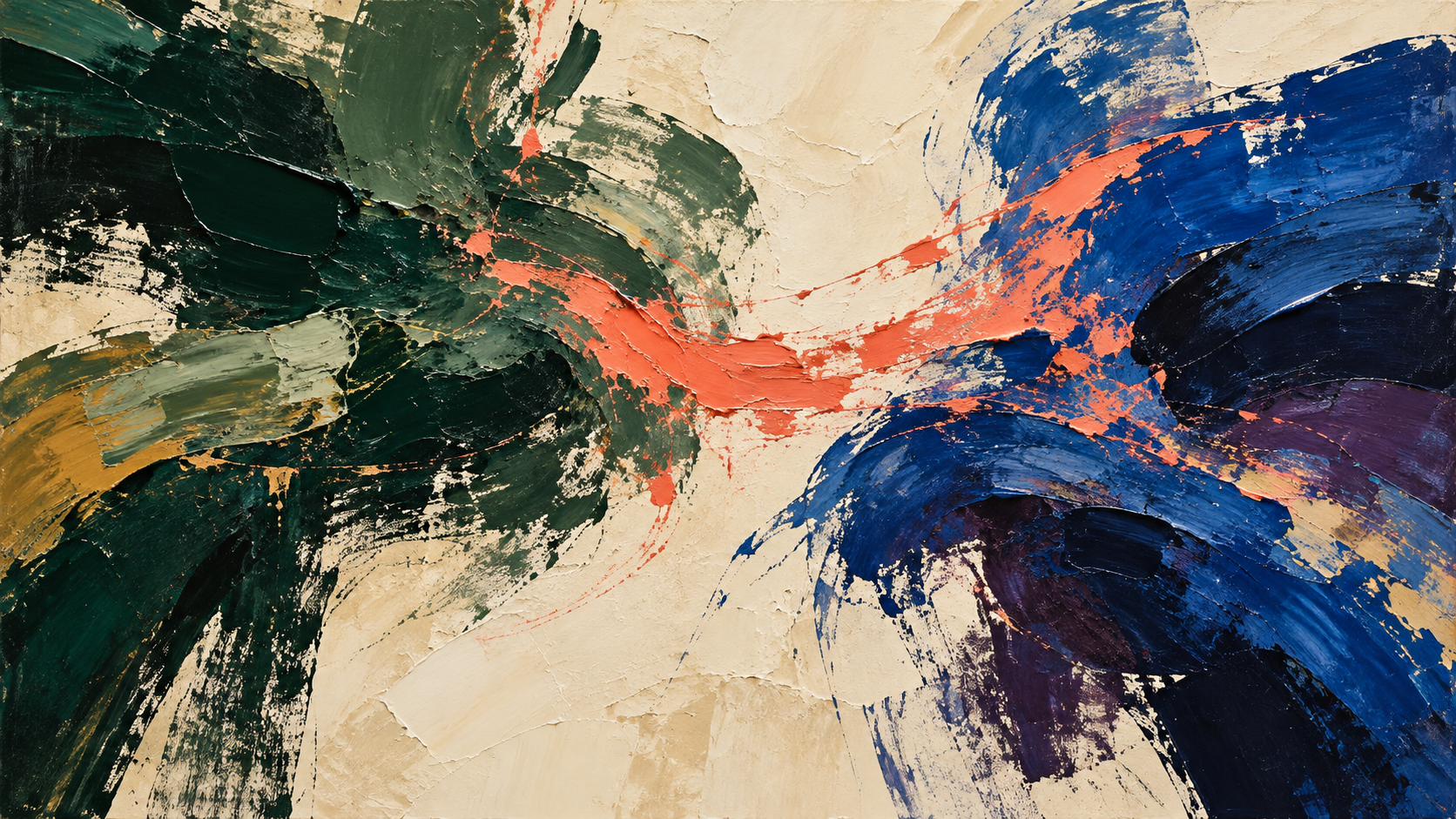 Forest-green and cobalt paint gestures exchange a coral rhythm across an open ivory interval.