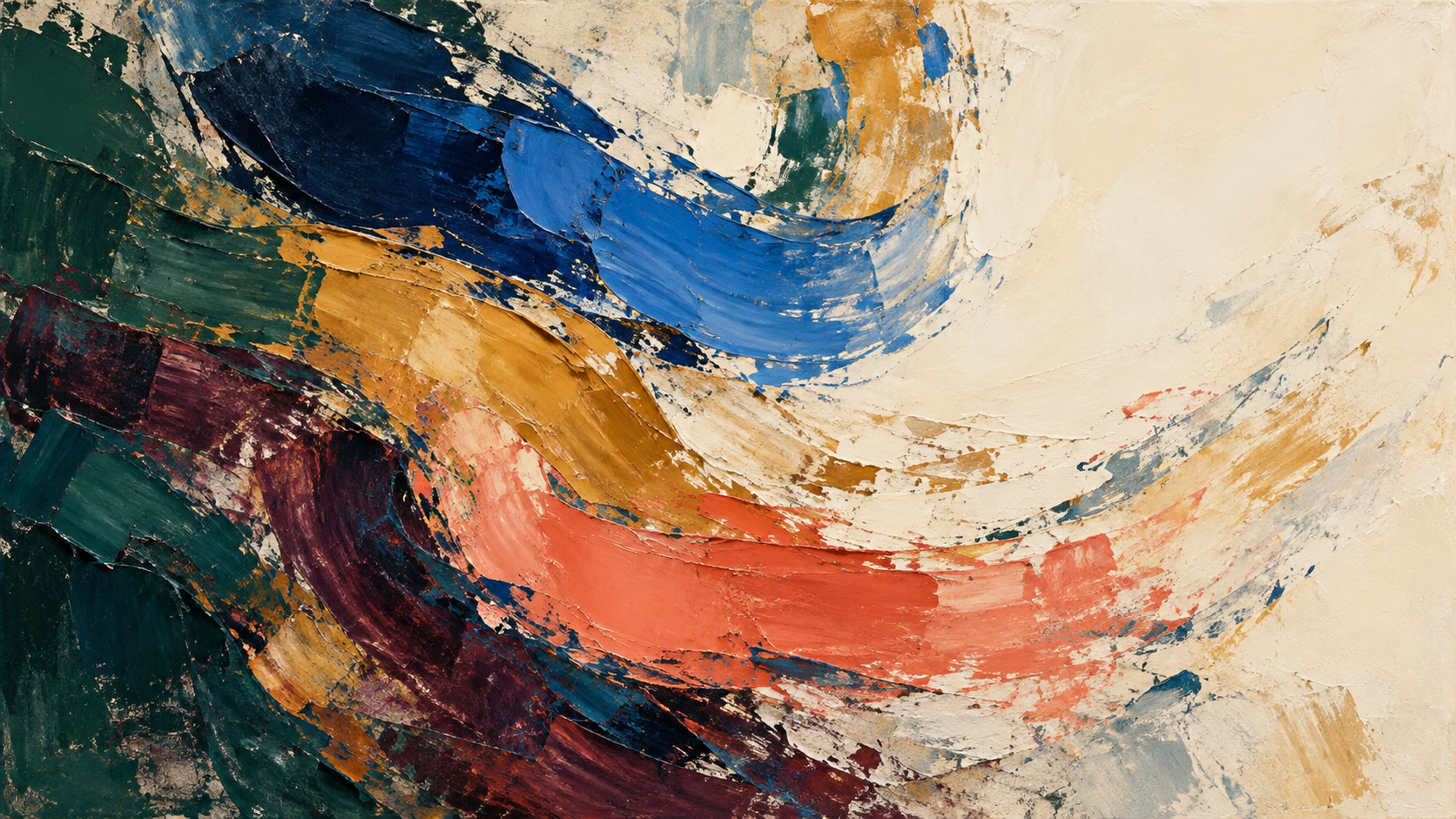 Curved blue, ochre and coral paint movements reveal scraped and reworked layers beside an open ivory field.
