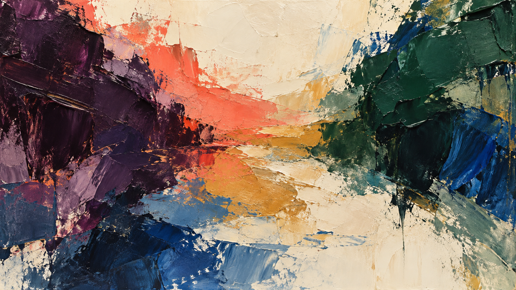Aubergine and green paint masses remain in tension while a warm coral and ochre band opens between them.