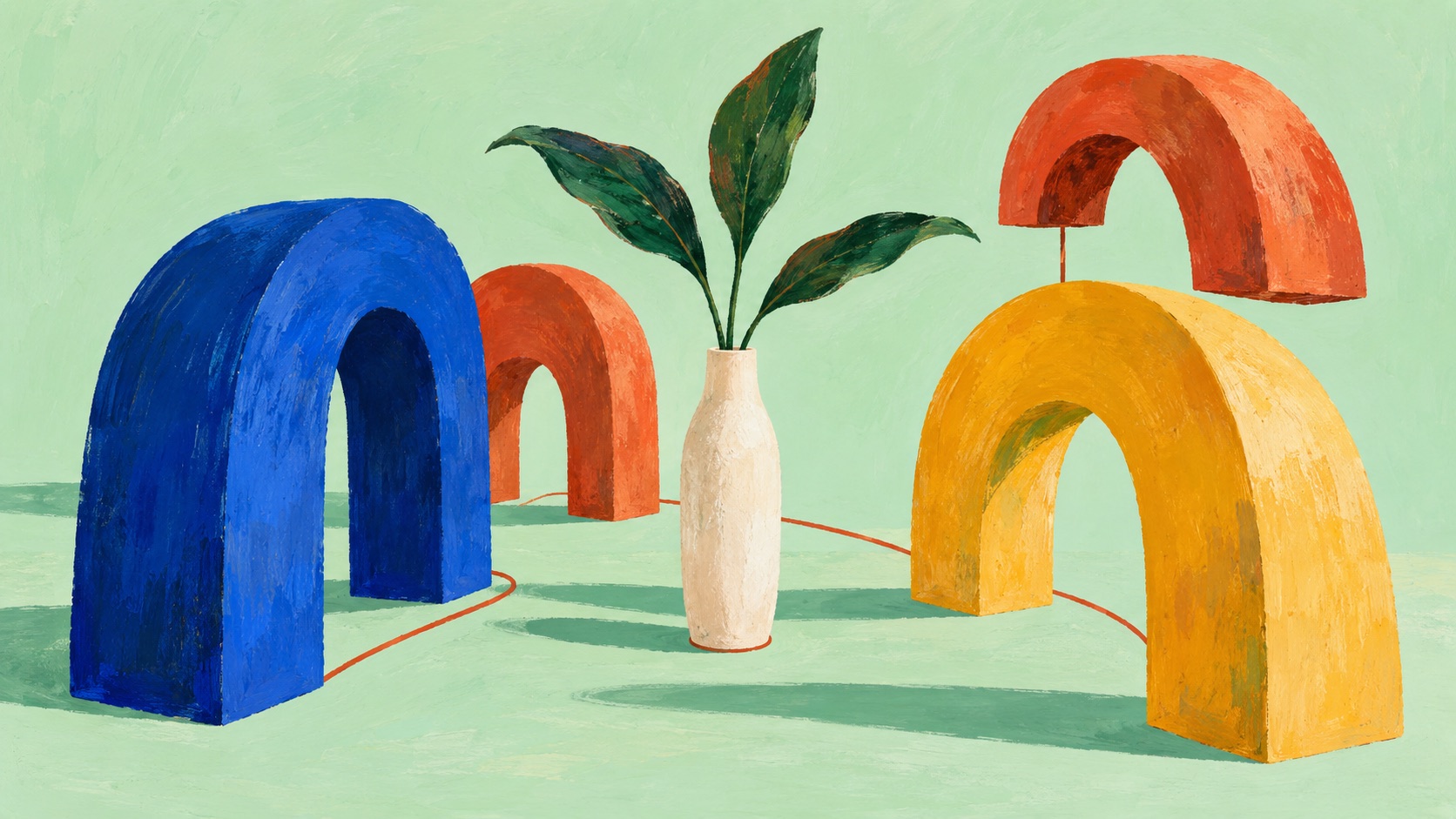 Blue, terracotta and yellow arches surround an ivory vase on a mint-green plane, joined by a fine red curve.