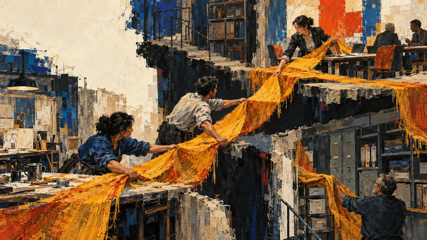 Bold painterly illustration of four workers passing a broad saffron fabric bridge across fractured office rooms