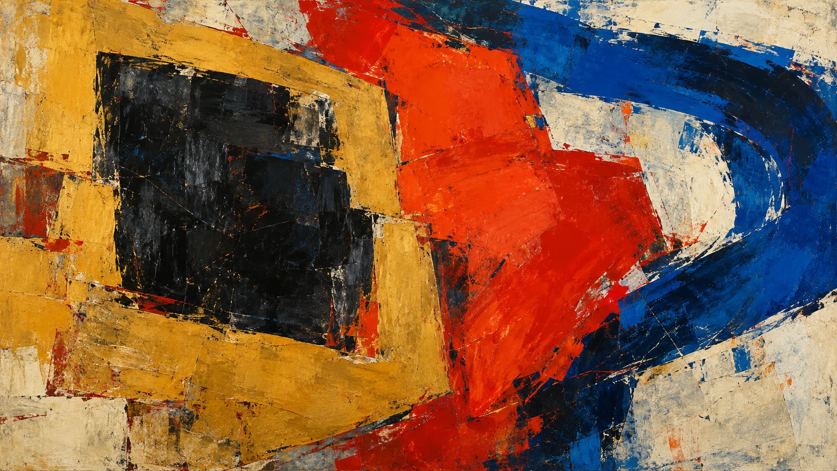 Abstract painting of a dark enclosed mass, vermilion planes and a sweeping ultramarine curve