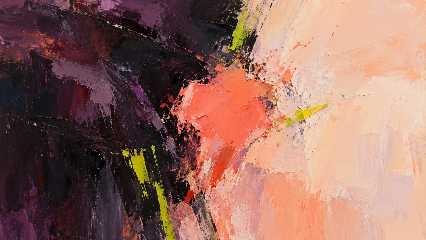 A rough coral form presses between dark plum paint and a pale peach field, interrupted by sharp chartreuse strokes.