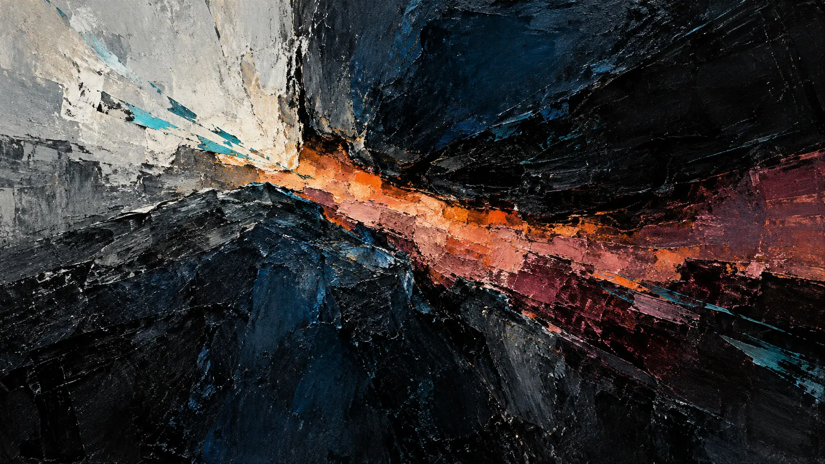 A thin ember-orange and bruised-rose band is compressed between heavy indigo-black paint, with a pale opening and broken turquoise marks at the left edge.
