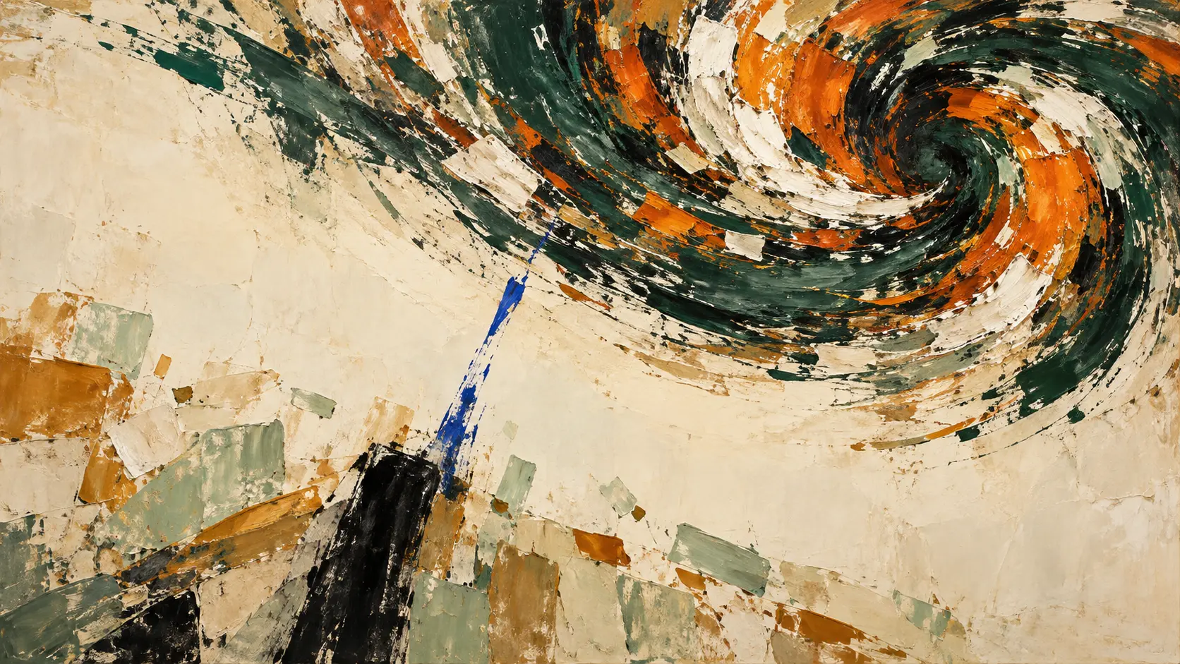 A green, orange and white vortex pulls across the upper right while scattered ochre and celadon fragments rise from below, divided by a pale open field and an incomplete cobalt stroke.