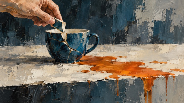 A hand replaces a fragment in a blue cup while an orange spill remains across the tabletop.