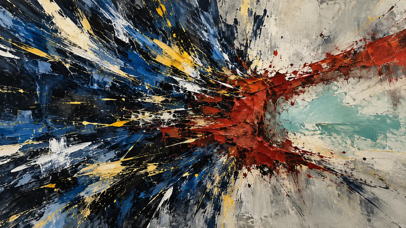 Abstract painting of fast cobalt, black, white and yellow marks colliding with a heavy rust-red band before a fragile pale teal clearing.