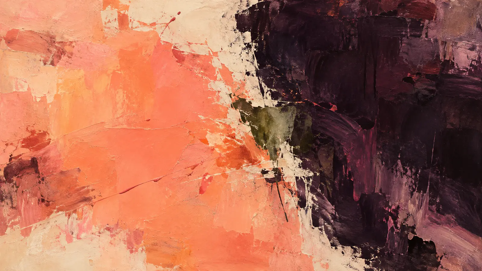 Warm coral and dark mulberry paint masses press towards a ragged chalk interval unsettled by a bruised green mark.