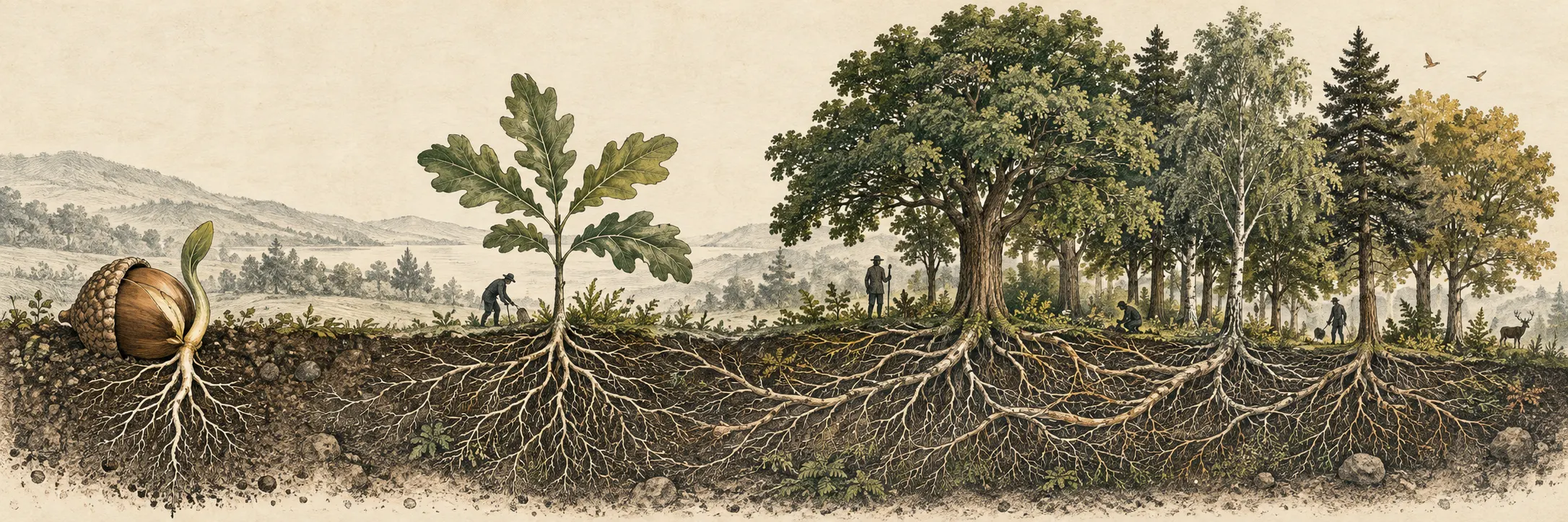 An acorn becomes a sapling and a connected forest, with people tending the ecosystem